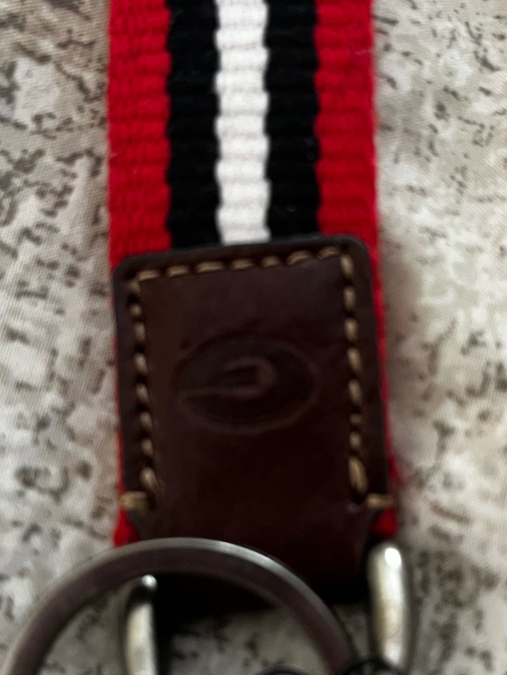 UGA Striped Red Black White Woven Keychain Strap with Brown Leather Embossed “G”